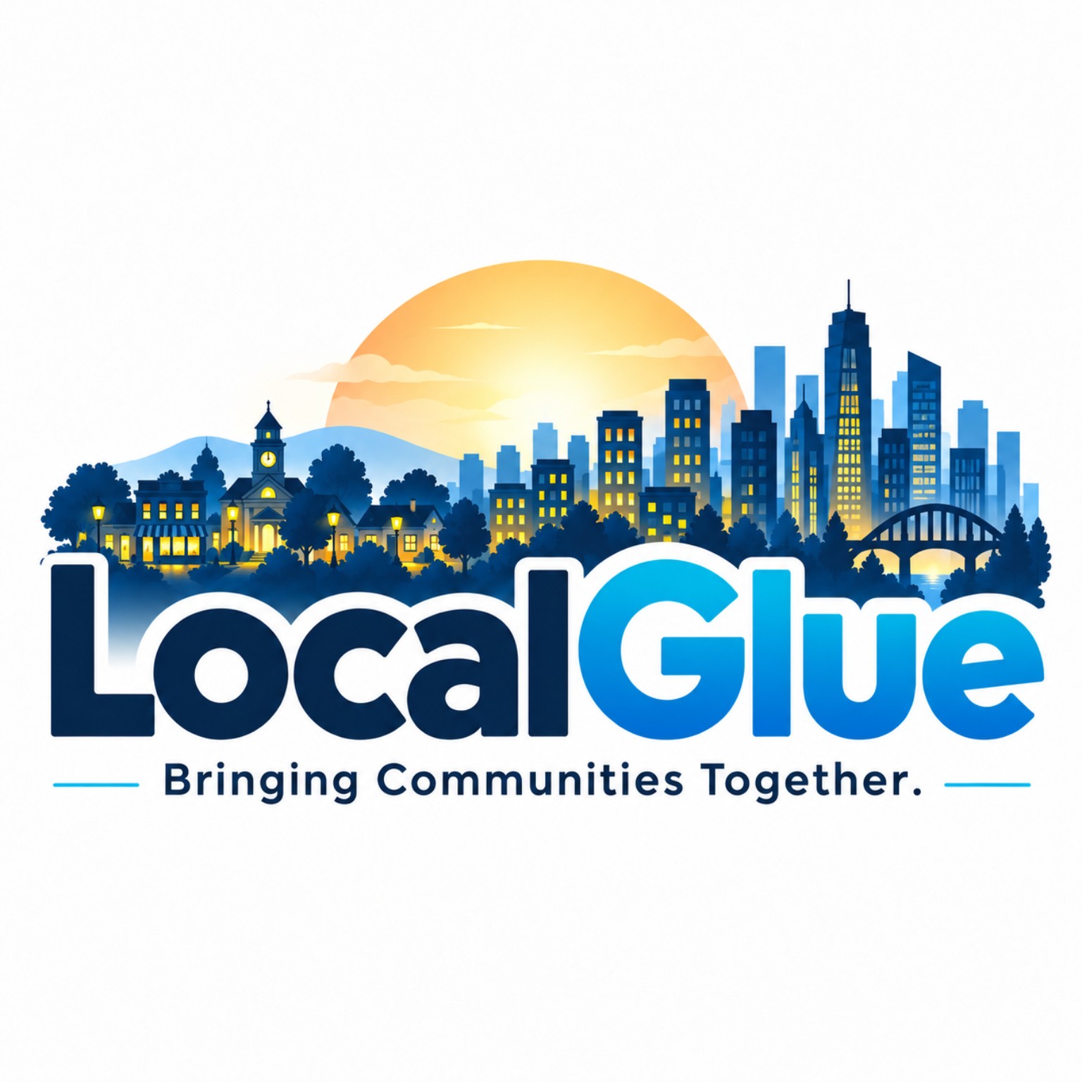 LocalGlue — Bringing Communities Together. A small town meets a city skyline at sunset.